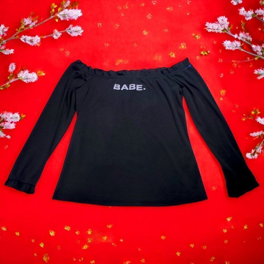 CBR sexy off-shoulder black "BABE" stretchy long-sleeve top